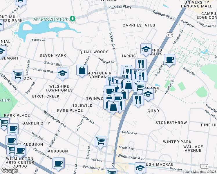 map of restaurants, bars, coffee shops, grocery stores, and more near 709 Varsity Drive in Wilmington
