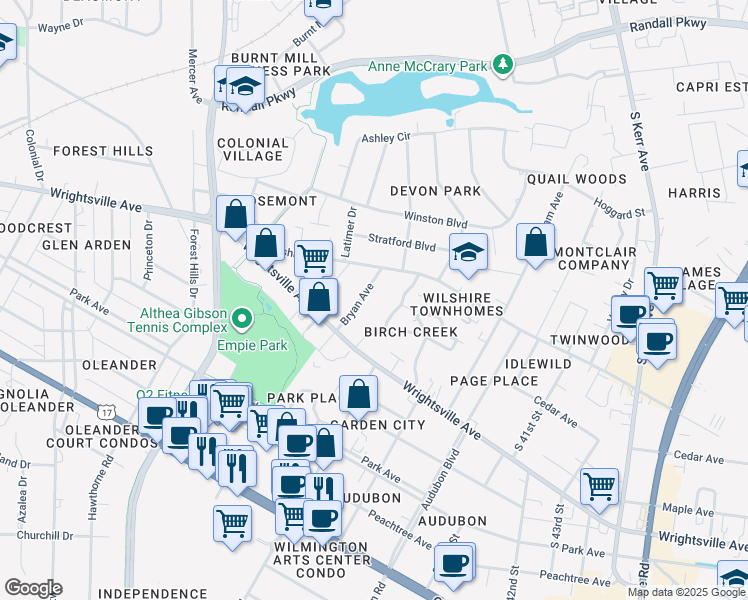 map of restaurants, bars, coffee shops, grocery stores, and more near 1001 Bryan Ave in Wilmington
