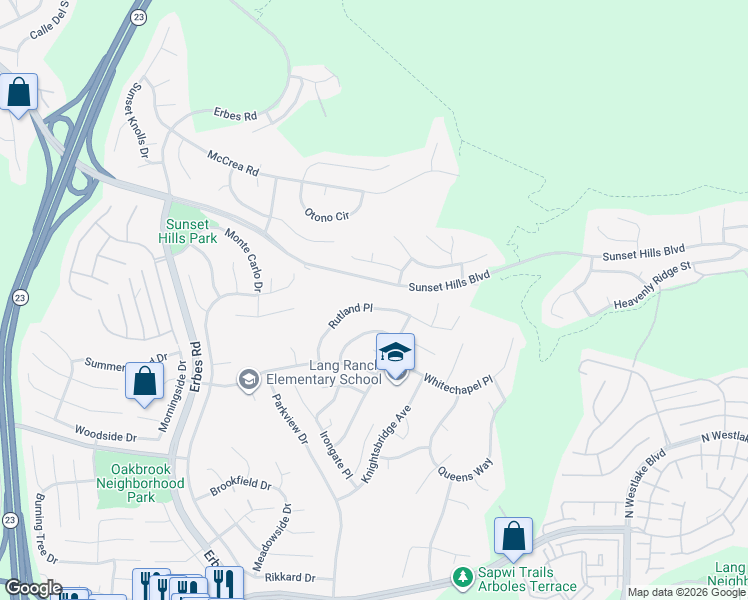 map of restaurants, bars, coffee shops, grocery stores, and more near 2385 Rutland Place in Thousand Oaks
