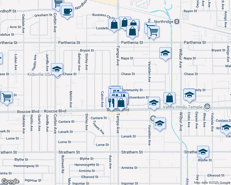 map of restaurants, bars, coffee shops, grocery stores, and more near 8371 Tampa Avenue in Los Angeles