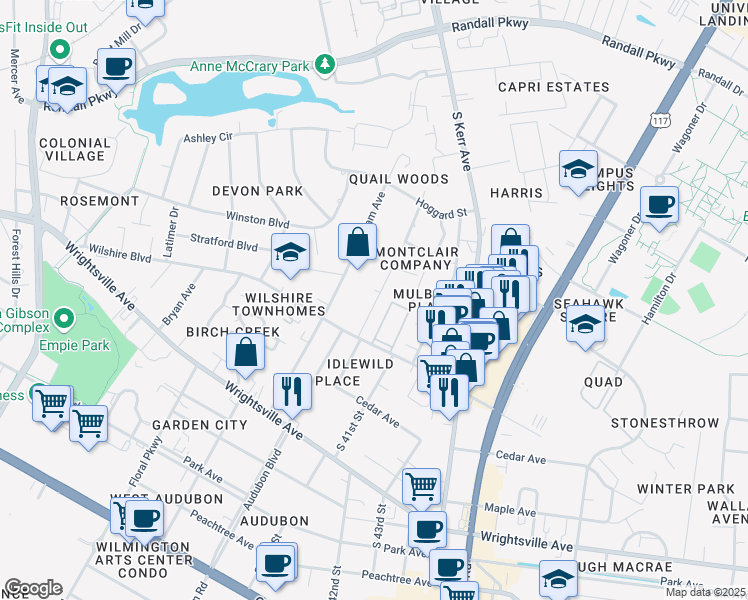 map of restaurants, bars, coffee shops, grocery stores, and more near 727 Montclair Drive in Wilmington