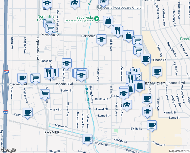 map of restaurants, bars, coffee shops, grocery stores, and more near 8332 Saloma Avenue in Los Angeles
