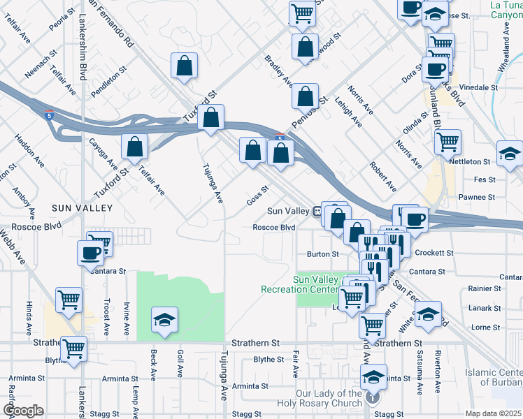 map of restaurants, bars, coffee shops, grocery stores, and more near 11253 Dora Street in Los Angeles