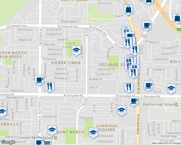 map of restaurants, bars, coffee shops, grocery stores, and more near 2061 Koala Place in Oxnard