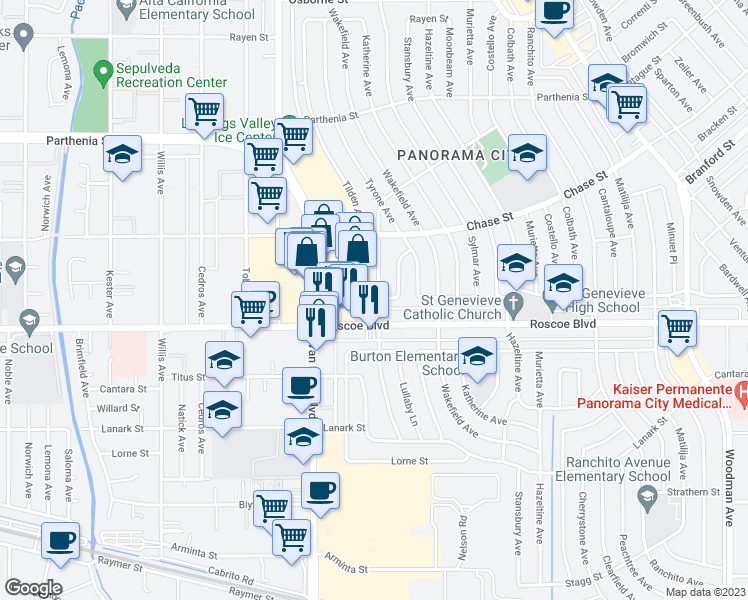 map of restaurants, bars, coffee shops, grocery stores, and more near 14355 Roscoe Boulevard in Los Angeles