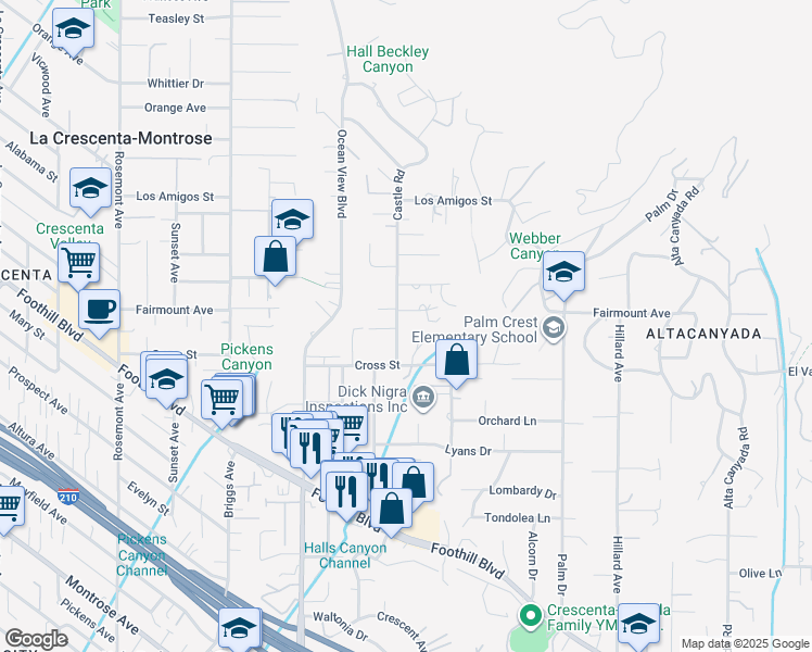 map of restaurants, bars, coffee shops, grocery stores, and more near 4836 Castle Road in La Cañada Flintridge