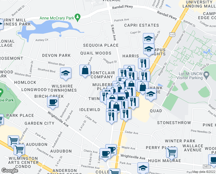 map of restaurants, bars, coffee shops, grocery stores, and more near 714 Varsity Drive in Wilmington