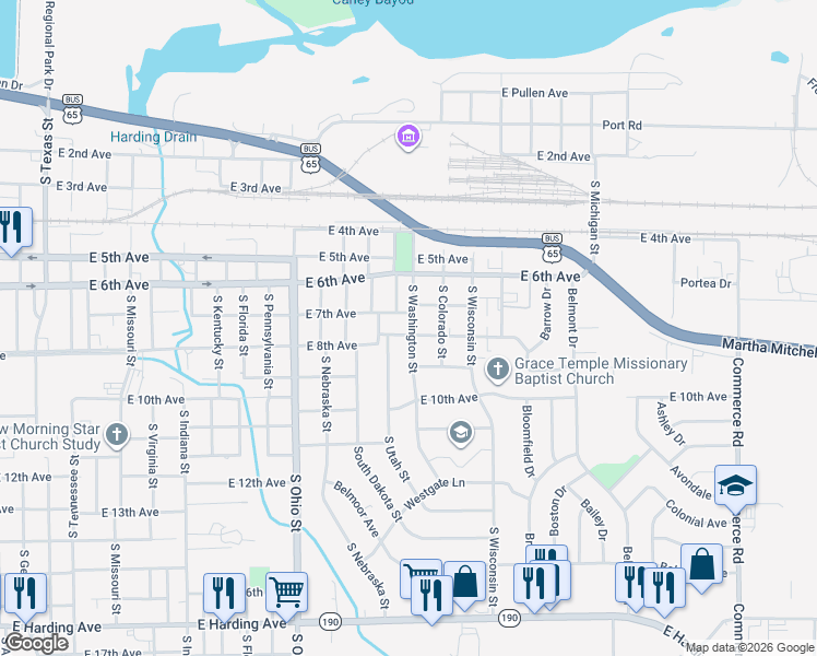 map of restaurants, bars, coffee shops, grocery stores, and more near 1905 East 8th Avenue in Pine Bluff