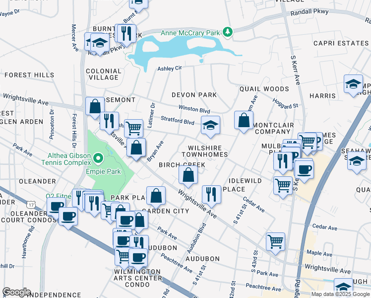 map of restaurants, bars, coffee shops, grocery stores, and more near 995 Downey Branch Lane in Wilmington