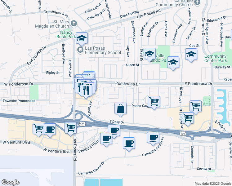 map of restaurants, bars, coffee shops, grocery stores, and more near 491 Calle Mirasol in Camarillo