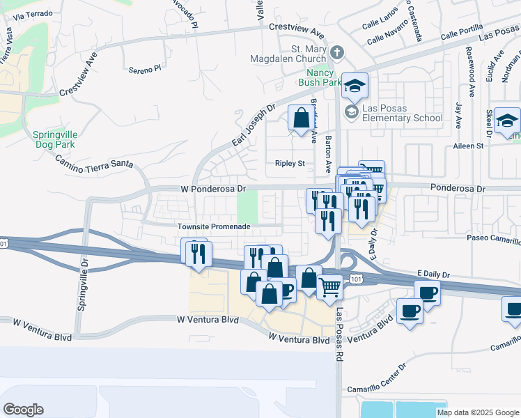 map of restaurants, bars, coffee shops, grocery stores, and more near 603 Mustang Street in Camarillo