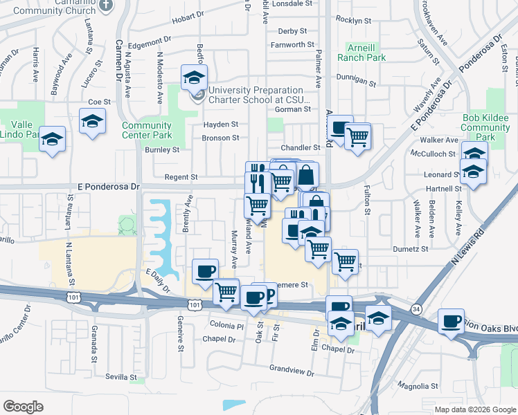 map of restaurants, bars, coffee shops, grocery stores, and more near 601 Mobil Avenue in Camarillo