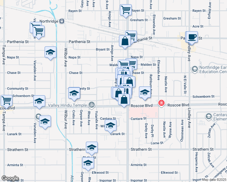map of restaurants, bars, coffee shops, grocery stores, and more near 8357 Amigo Avenue in Los Angeles