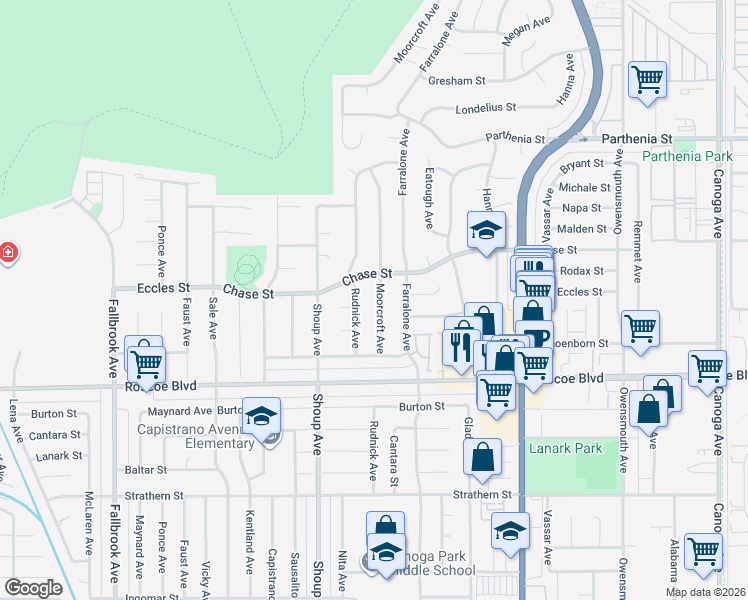 map of restaurants, bars, coffee shops, grocery stores, and more near 8409 Moorcroft Avenue in Los Angeles