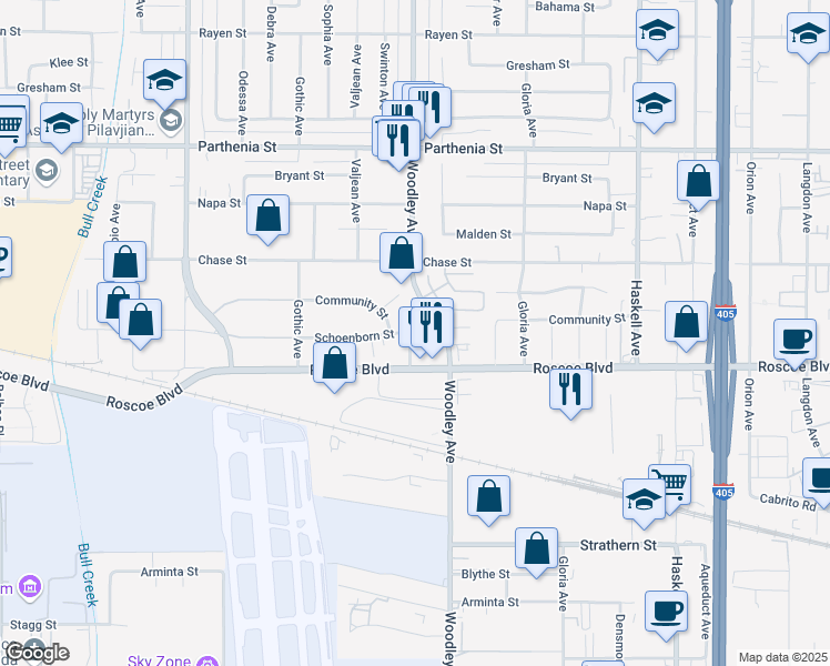 map of restaurants, bars, coffee shops, grocery stores, and more near 37 Woodley Place in Los Angeles