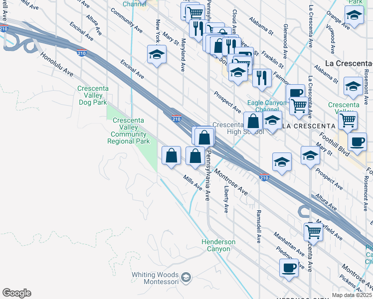 map of restaurants, bars, coffee shops, grocery stores, and more near 3313 Honolulu Avenue in Glendale