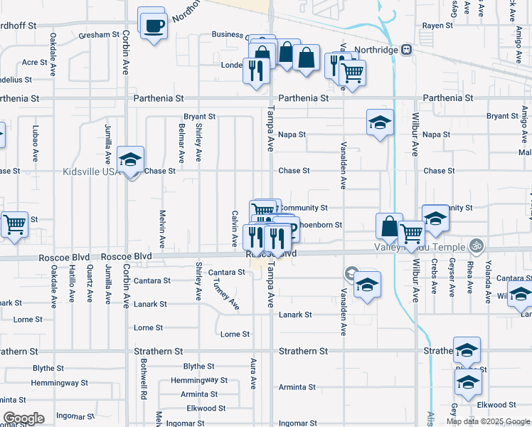map of restaurants, bars, coffee shops, grocery stores, and more near 8371 Tampa Avenue in Los Angeles