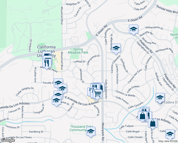 map of restaurants, bars, coffee shops, grocery stores, and more near 3191 Winter Brook Court in Thousand Oaks