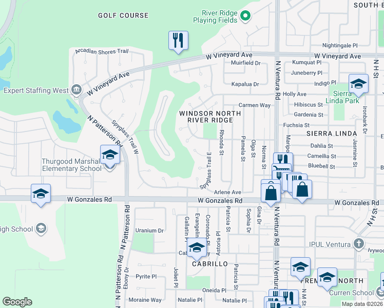 map of restaurants, bars, coffee shops, grocery stores, and more near 2134 Cold Stream Court in Oxnard