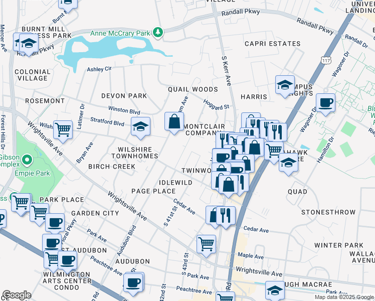 map of restaurants, bars, coffee shops, grocery stores, and more near 734 Montclair Drive in Wilmington