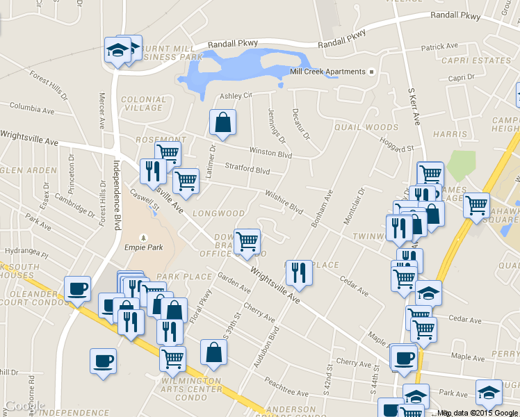 map of restaurants, bars, coffee shops, grocery stores, and more near 995 Downey Branch Lane in Wilmington