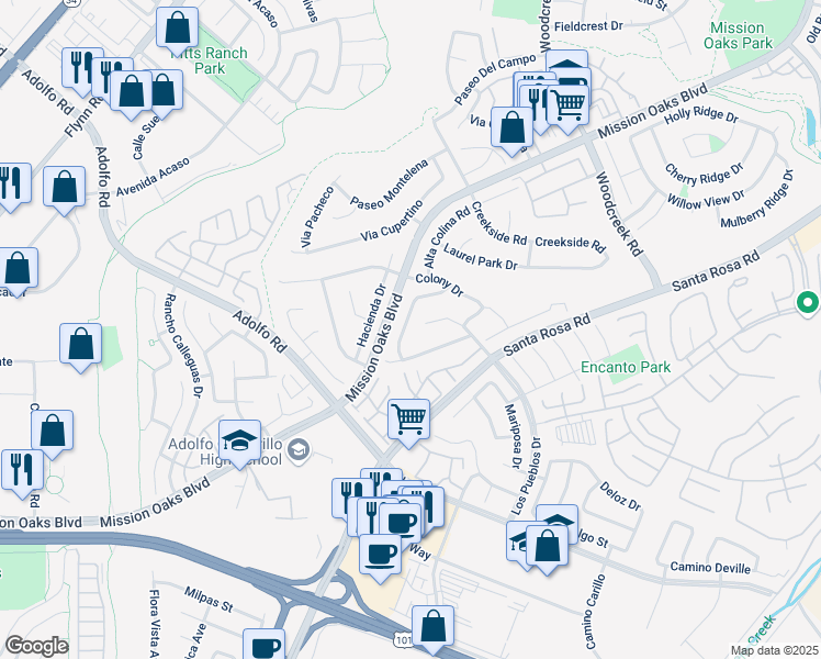 map of restaurants, bars, coffee shops, grocery stores, and more near 658 Buenos Tiempos Drive in Camarillo