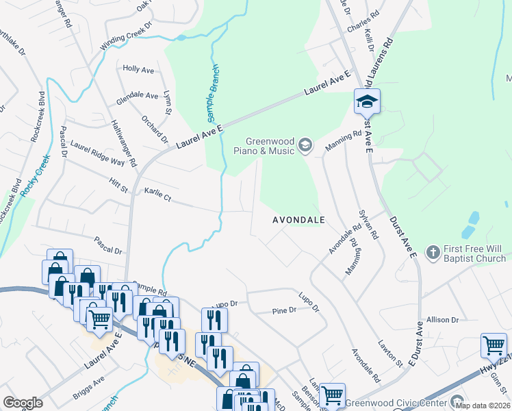 map of restaurants, bars, coffee shops, grocery stores, and more near 106 Rhett Ct in Greenwood