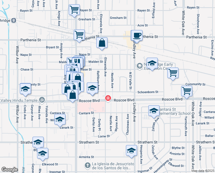 map of restaurants, bars, coffee shops, grocery stores, and more near 8360 Etiwanda Avenue in Los Angeles