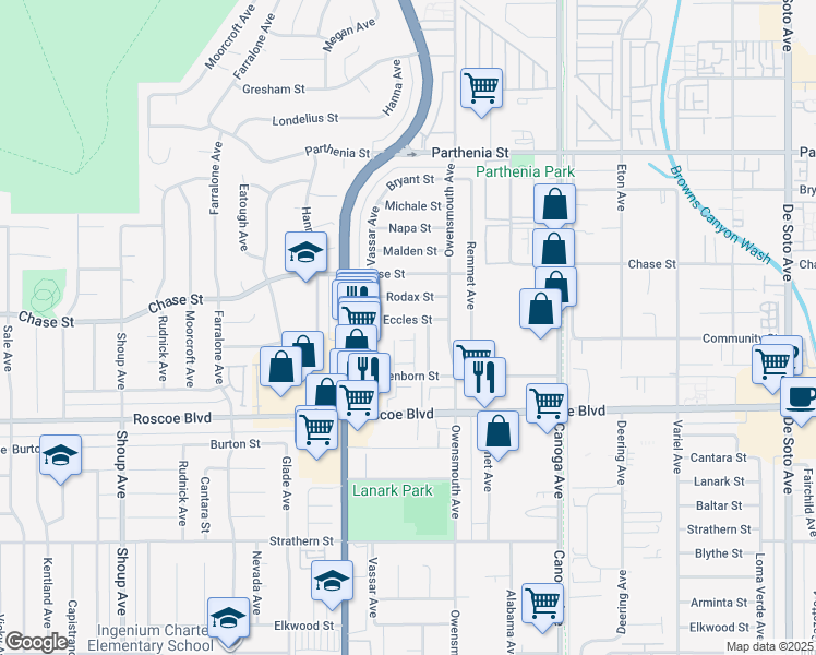map of restaurants, bars, coffee shops, grocery stores, and more near 21816 Eccles Street in Los Angeles