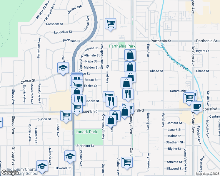 map of restaurants, bars, coffee shops, grocery stores, and more near 8408 Remmet Avenue in Los Angeles