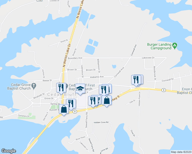 map of restaurants, bars, coffee shops, grocery stores, and more near 3701 Alabama Avenue in Cedar Bluff