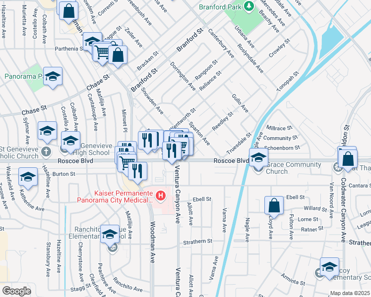 map of restaurants, bars, coffee shops, grocery stores, and more near 13553 Reedley Street in Los Angeles