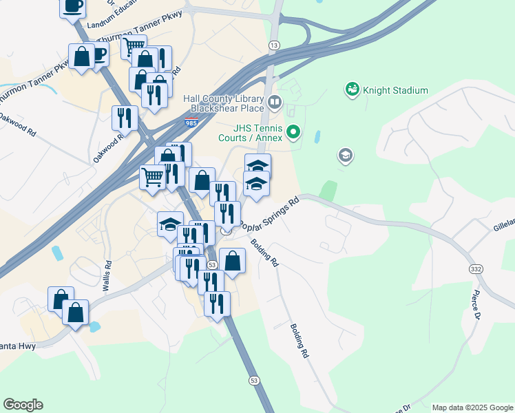 map of restaurants, bars, coffee shops, grocery stores, and more near 3305 Poplar Springs Road in Gainesville