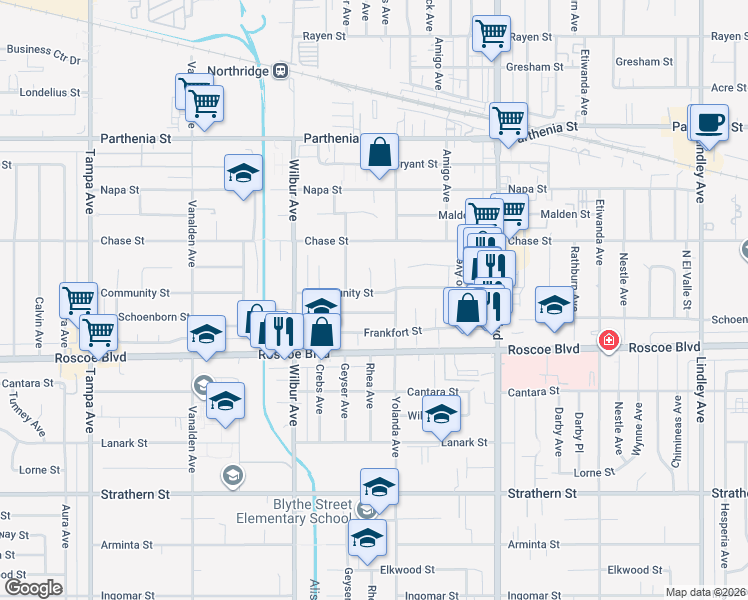 map of restaurants, bars, coffee shops, grocery stores, and more near 18724 Community Street in Los Angeles