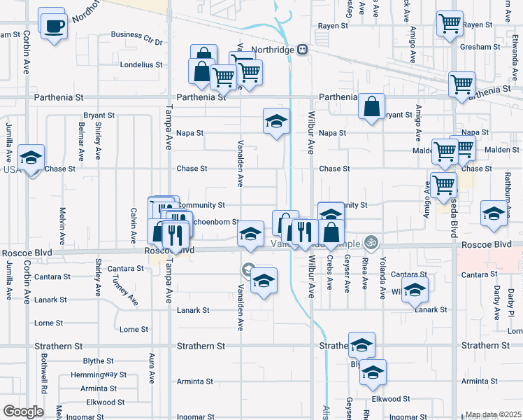 map of restaurants, bars, coffee shops, grocery stores, and more near 19022 Community Street in Los Angeles
