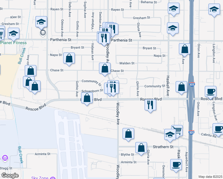 map of restaurants, bars, coffee shops, grocery stores, and more near 8338 Woodley Place in Los Angeles