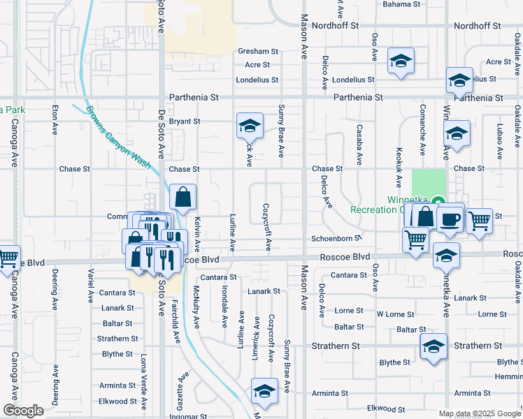 map of restaurants, bars, coffee shops, grocery stores, and more near 8401 Cozycroft Avenue in Los Angeles