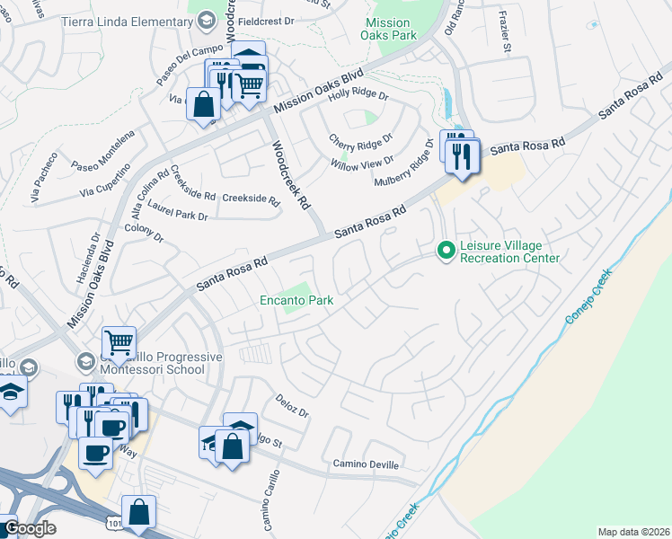 map of restaurants, bars, coffee shops, grocery stores, and more near 7313 Village 7 in Camarillo