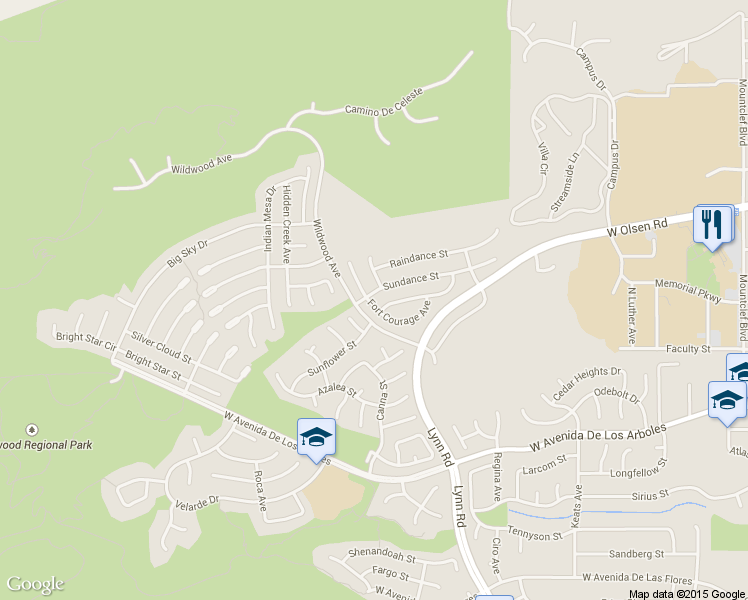 map of restaurants, bars, coffee shops, grocery stores, and more near 552 Sundance Street in Thousand Oaks