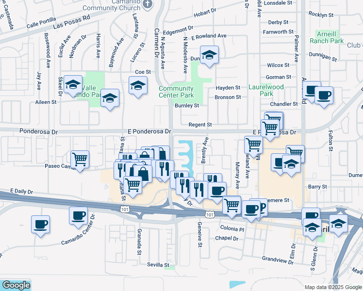 map of restaurants, bars, coffee shops, grocery stores, and more near 1651 Edgewater Lane in Camarillo