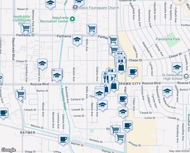 map of restaurants, bars, coffee shops, grocery stores, and more near 8331 Cedros Avenue in Los Angeles