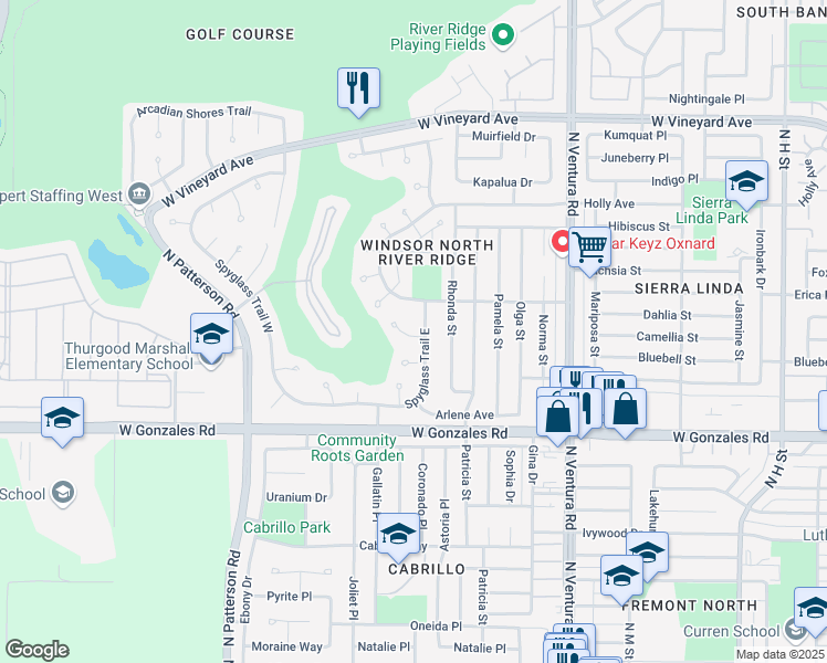 map of restaurants, bars, coffee shops, grocery stores, and more near 2111 Cold Stream Court in Oxnard