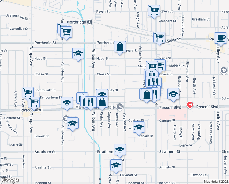 map of restaurants, bars, coffee shops, grocery stores, and more near 18740 Community Street in Los Angeles