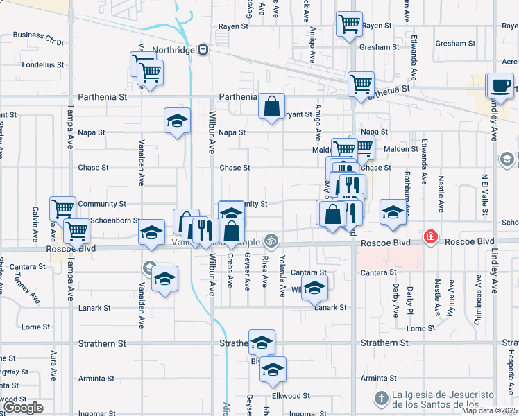 map of restaurants, bars, coffee shops, grocery stores, and more near 18740 Community Street in Los Angeles