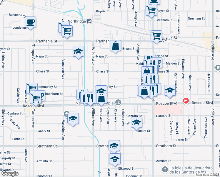 map of restaurants, bars, coffee shops, grocery stores, and more near 18756 Community Street in Los Angeles