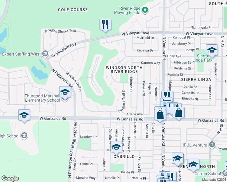 map of restaurants, bars, coffee shops, grocery stores, and more near 2134 Cold Stream Court in Oxnard