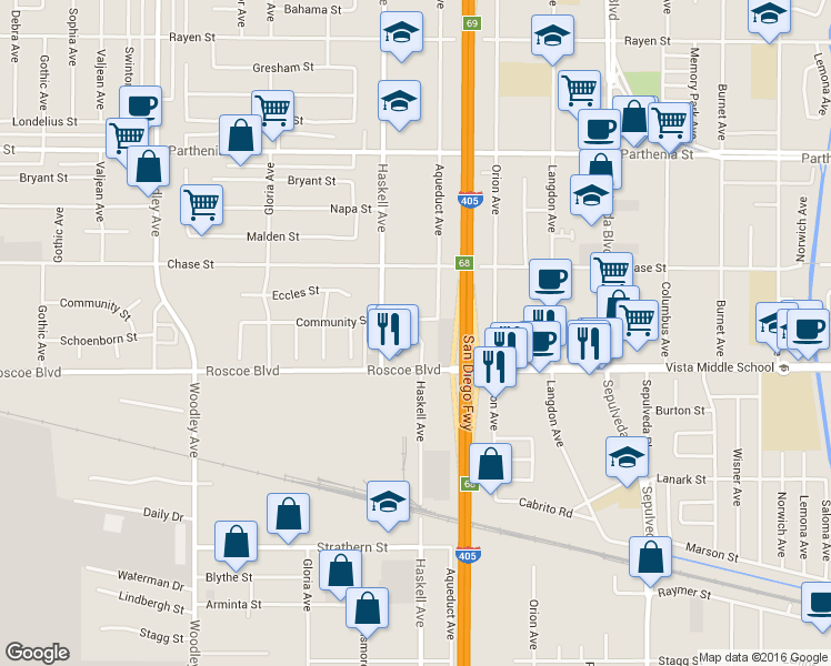 map of restaurants, bars, coffee shops, grocery stores, and more near 9119 North Haskell Avenue in Los Angeles