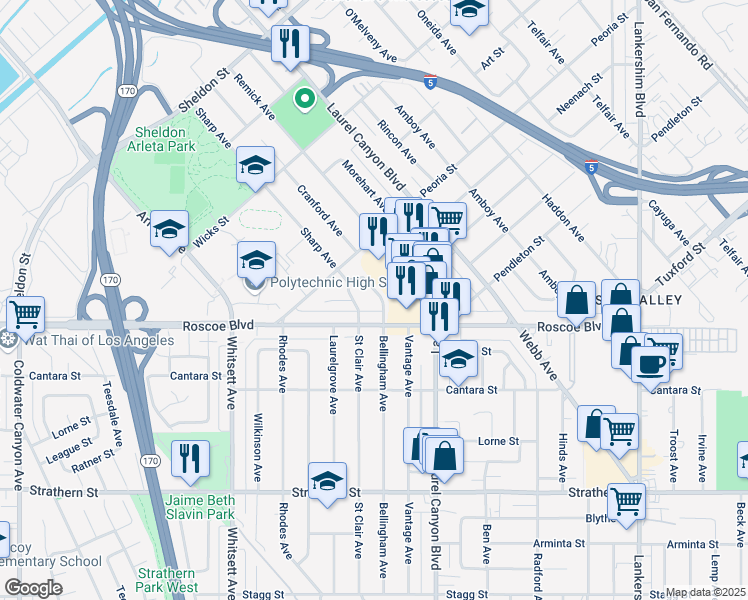 map of restaurants, bars, coffee shops, grocery stores, and more near 8339 Bellingham Avenue in Los Angeles