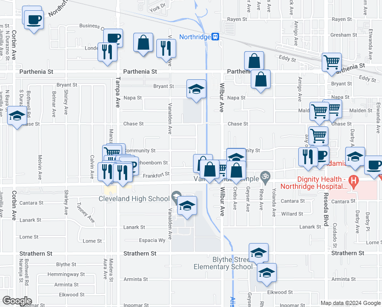 map of restaurants, bars, coffee shops, grocery stores, and more near 19010 Community Street in Los Angeles