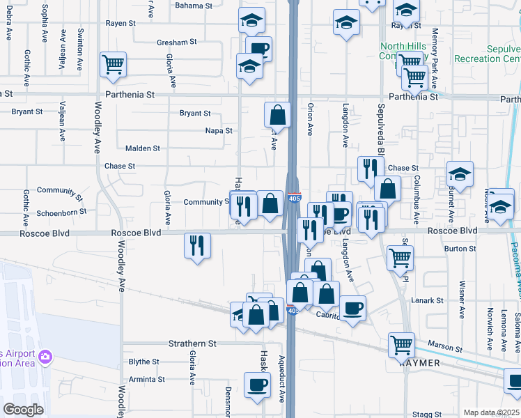 map of restaurants, bars, coffee shops, grocery stores, and more near 9119 North Haskell Avenue in Los Angeles